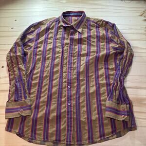 Robert Graham Striped Button Down Dress Shirt Brown Purple Mens Size 3XL